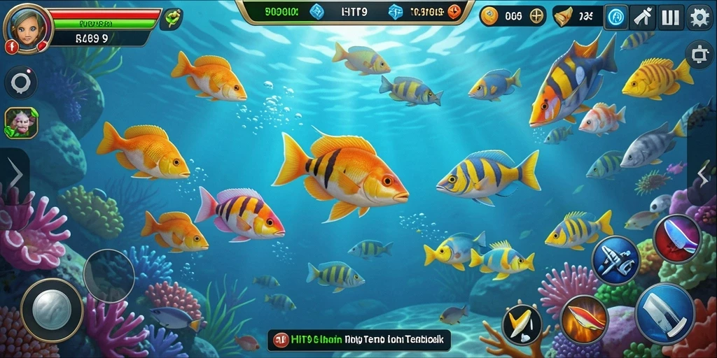 Screenshot tampilan gameplay memancing ikan di HIT9 yang penuh warna.