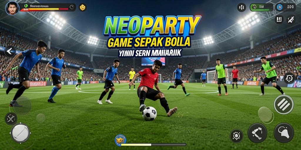 Screenshot gameplay NEOPARTY yang menampilkan pertandingan sepak bola yang seru.