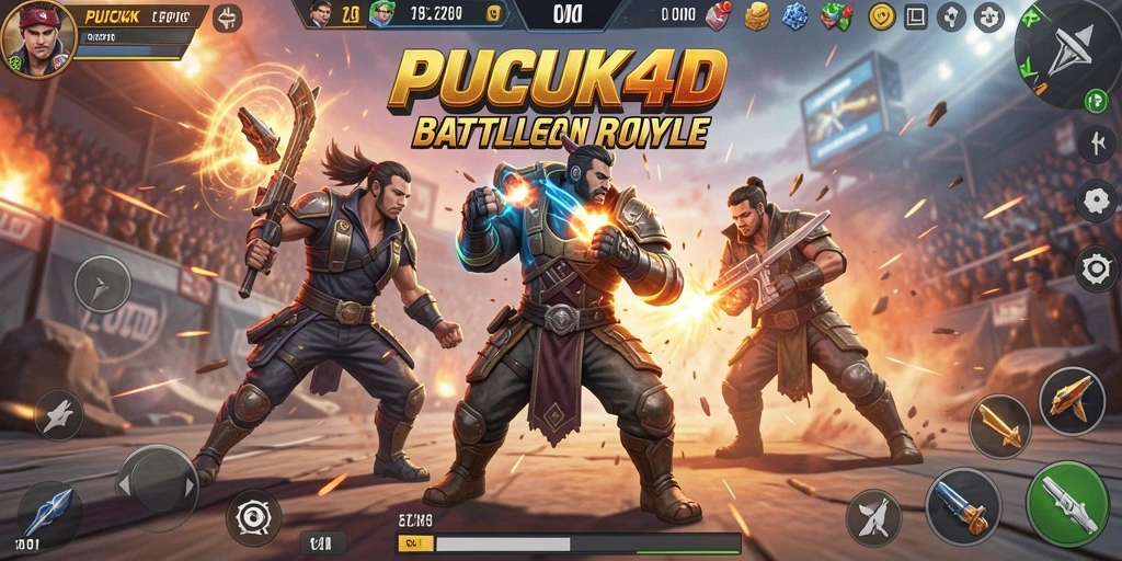 Gameplay seru di <strong>PUCUK4D</strong> menunjukkan pertempuran intens Battle Royale.