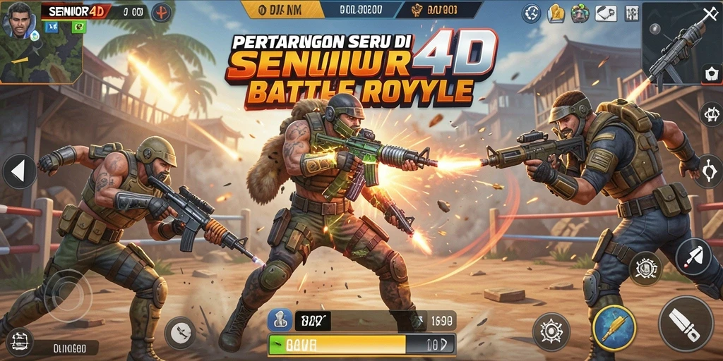 Screenshot menunjukkan aksi pertarungan seru di SENIOR4D Battle Royale.
