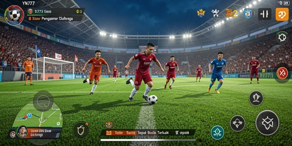 Tangkapan layar utama YN777 menampilkan aksi pertandingan sepak bola yang penuh semangat.
