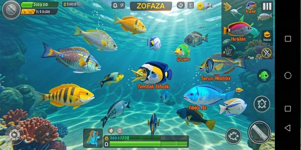 Layar gameplay <strong>ZOFAZA</strong> menampilkan aksi seru perburuan ikan.